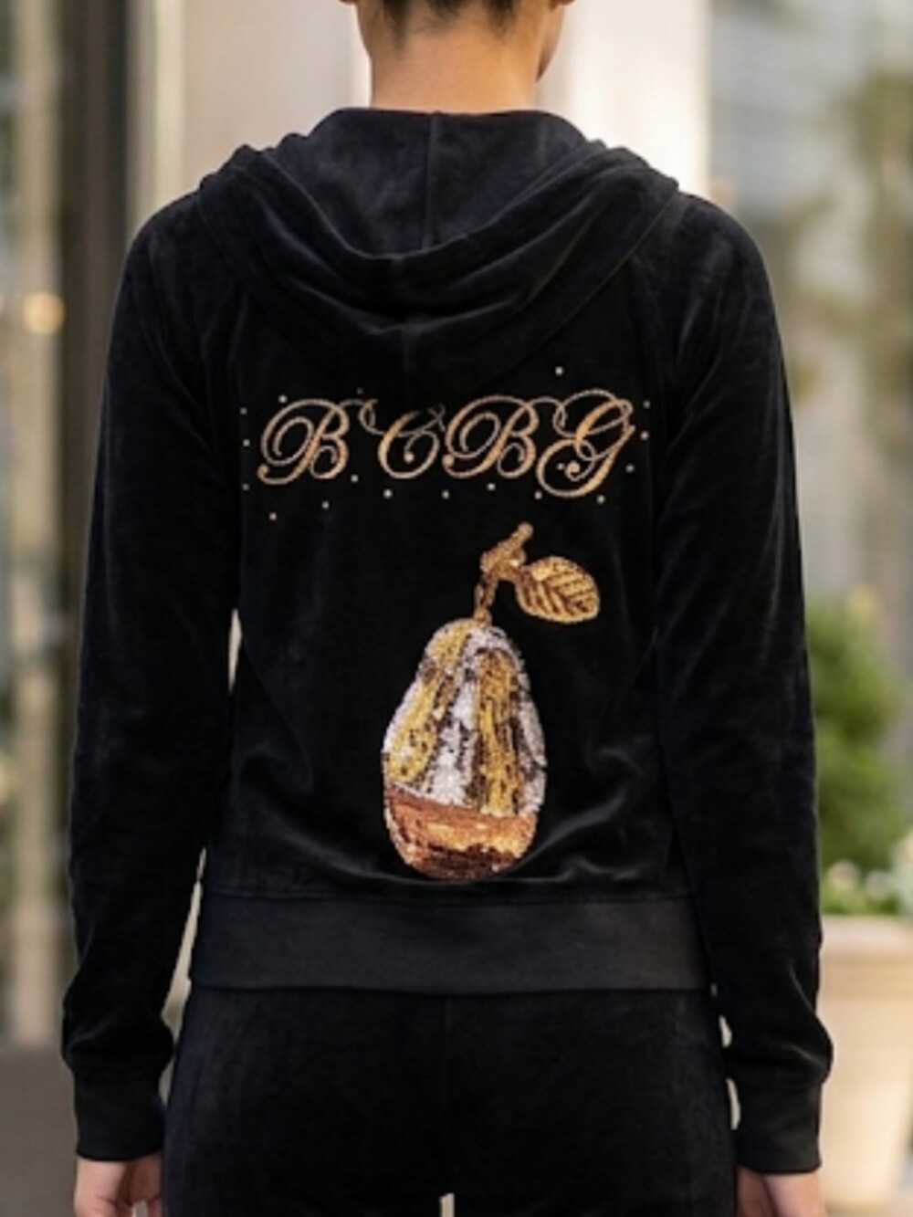 Vintage BCBGirl Black Velour Sequin Pear Hoodie Y2K Whimsigoth Zip Jacket NWOT